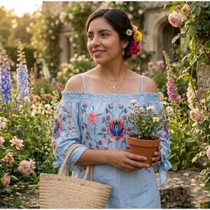 Aqua Embroidered  linen chambray dress MD Coastal Boho resort Vacaycore